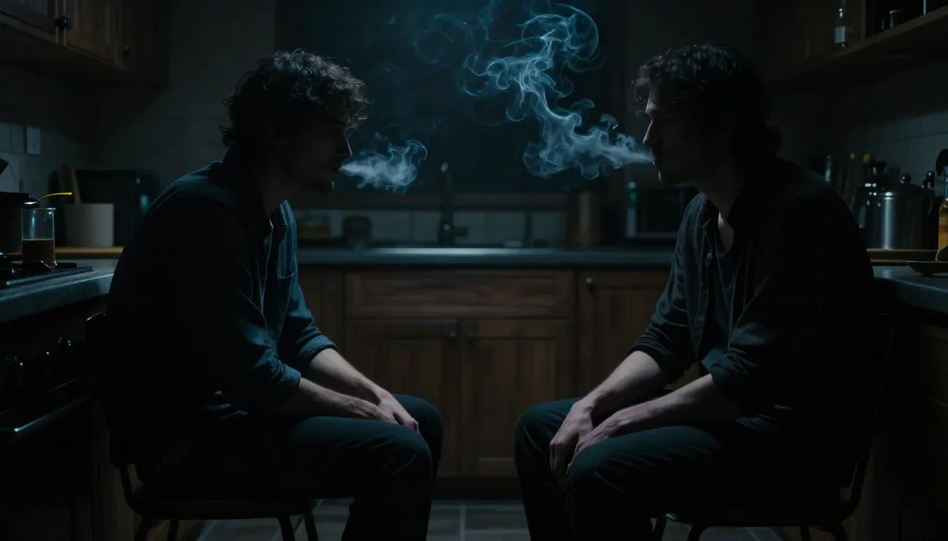 A dark, moody cinematic shot of a man sitting in a dimly lit...