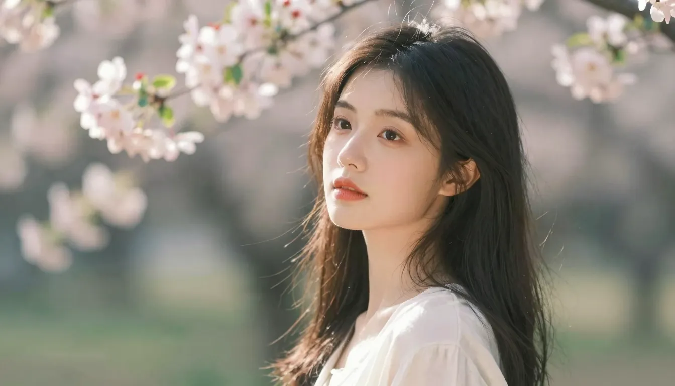 Portrait of a beautiful young woman in a flowery spring gard...