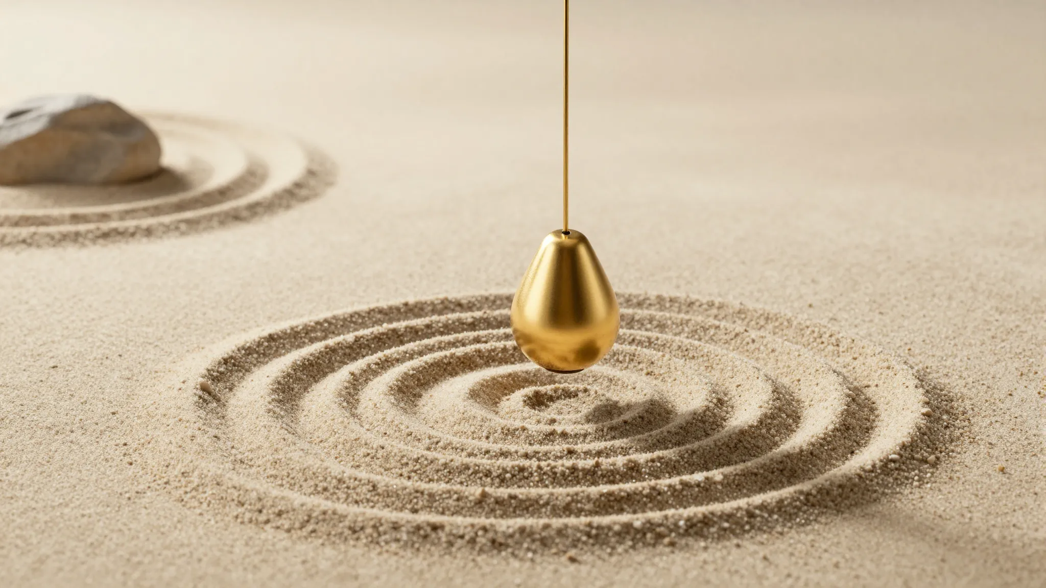 A minimalist golden pendulum swinging over a zen garden, san...