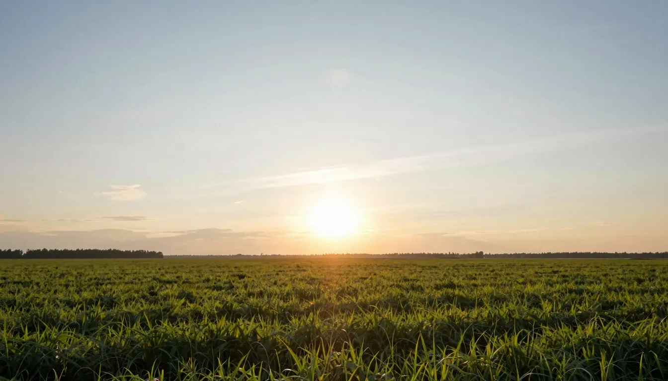 A symbolic image of a Russian field at dawn with a bright su...