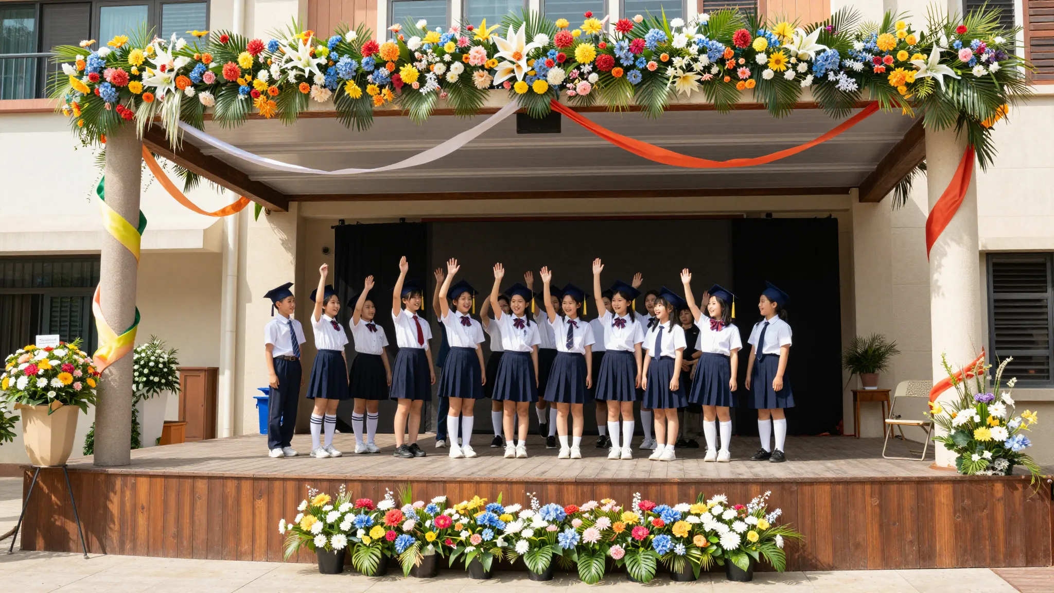 A festive stage outside a cultural center, decorated with fl...