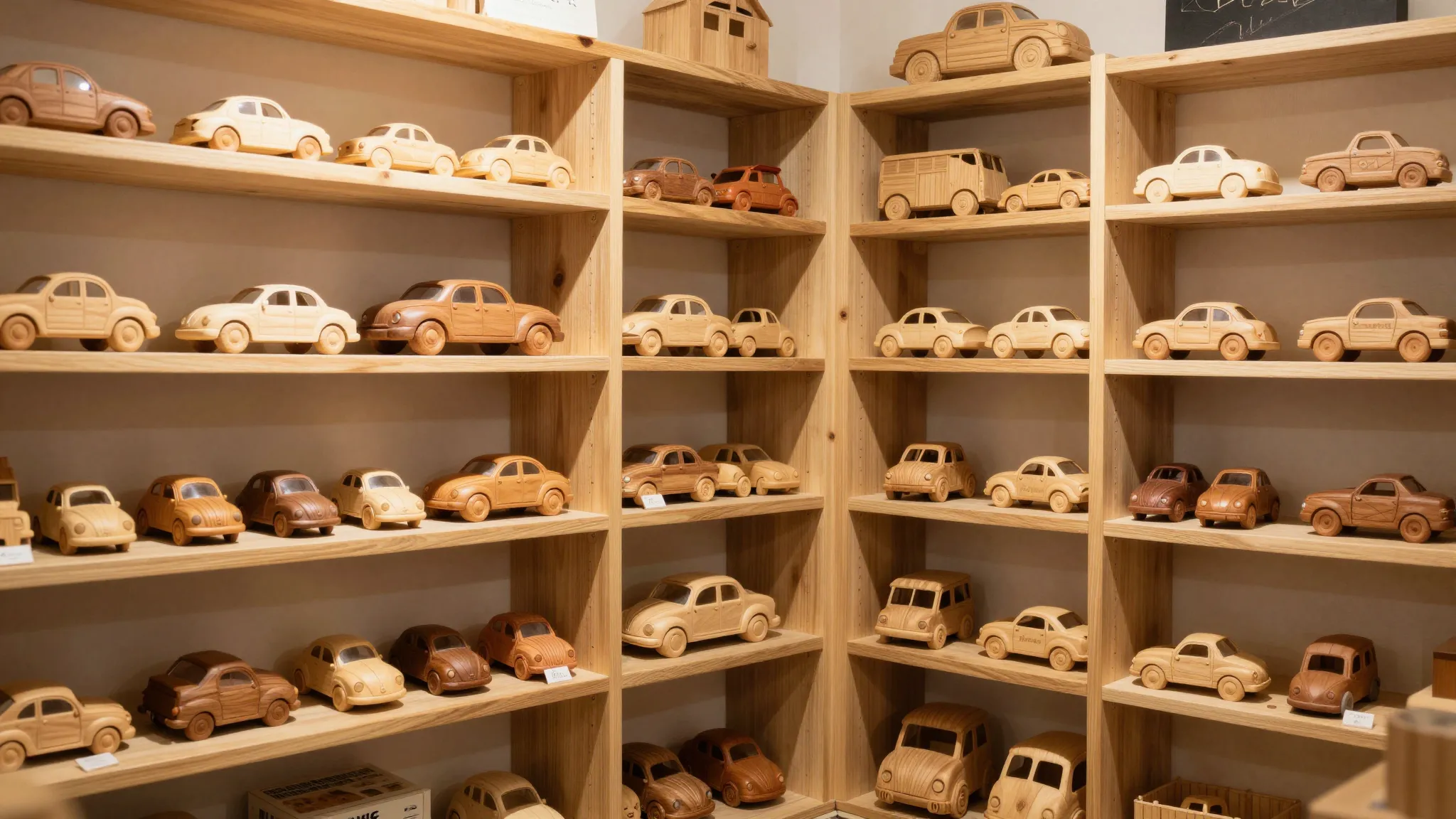 Cozy interior of a boutique wooden gift shop, shelves filled...