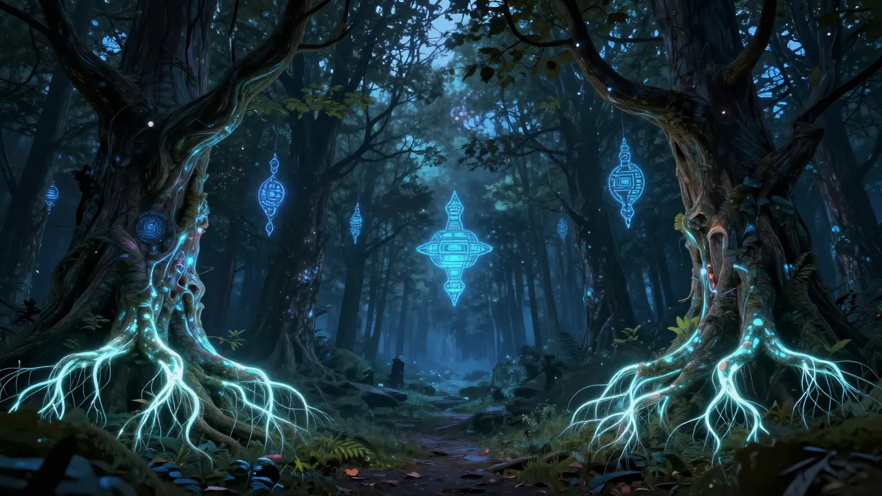 Concept art of a mystical forest at night, trees with glowin...
