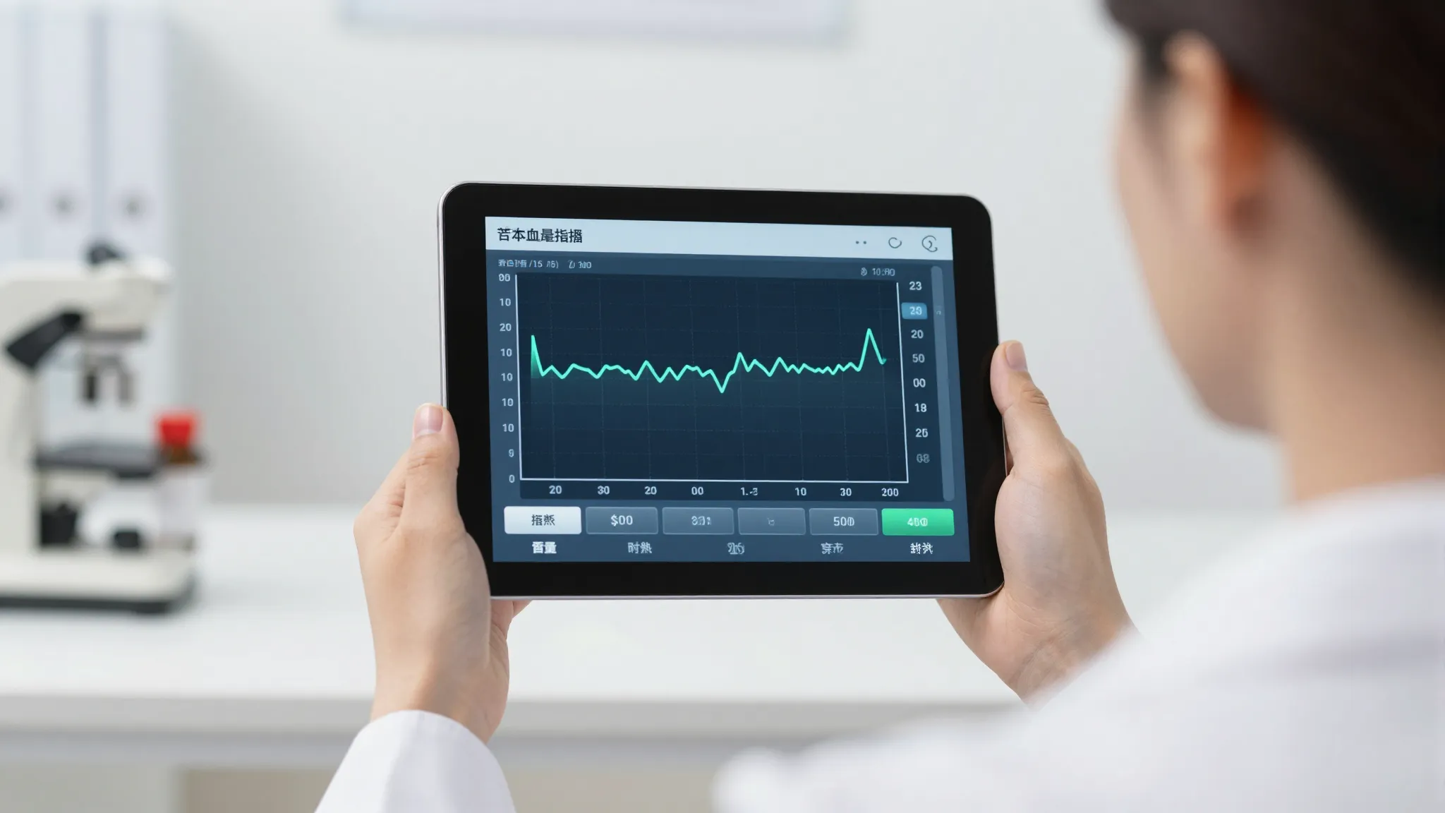 A professional doctor holding a digital tablet showing a sta...