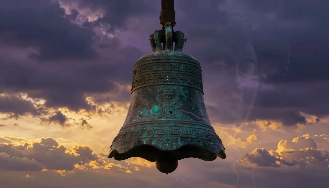 A surreal landscape featuring a massive ancient bronze bell ...