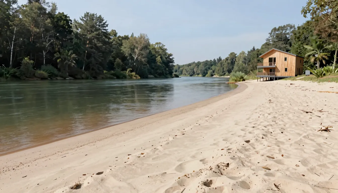 A serene river landscape with a clean sandy beach, a forest ...