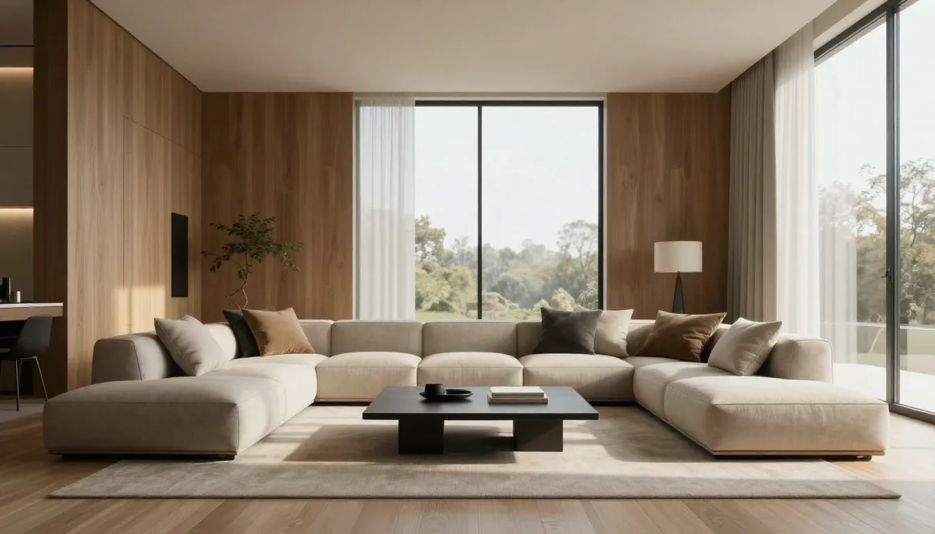 Photorealistic 3D render of a modern minimalist living room,...
