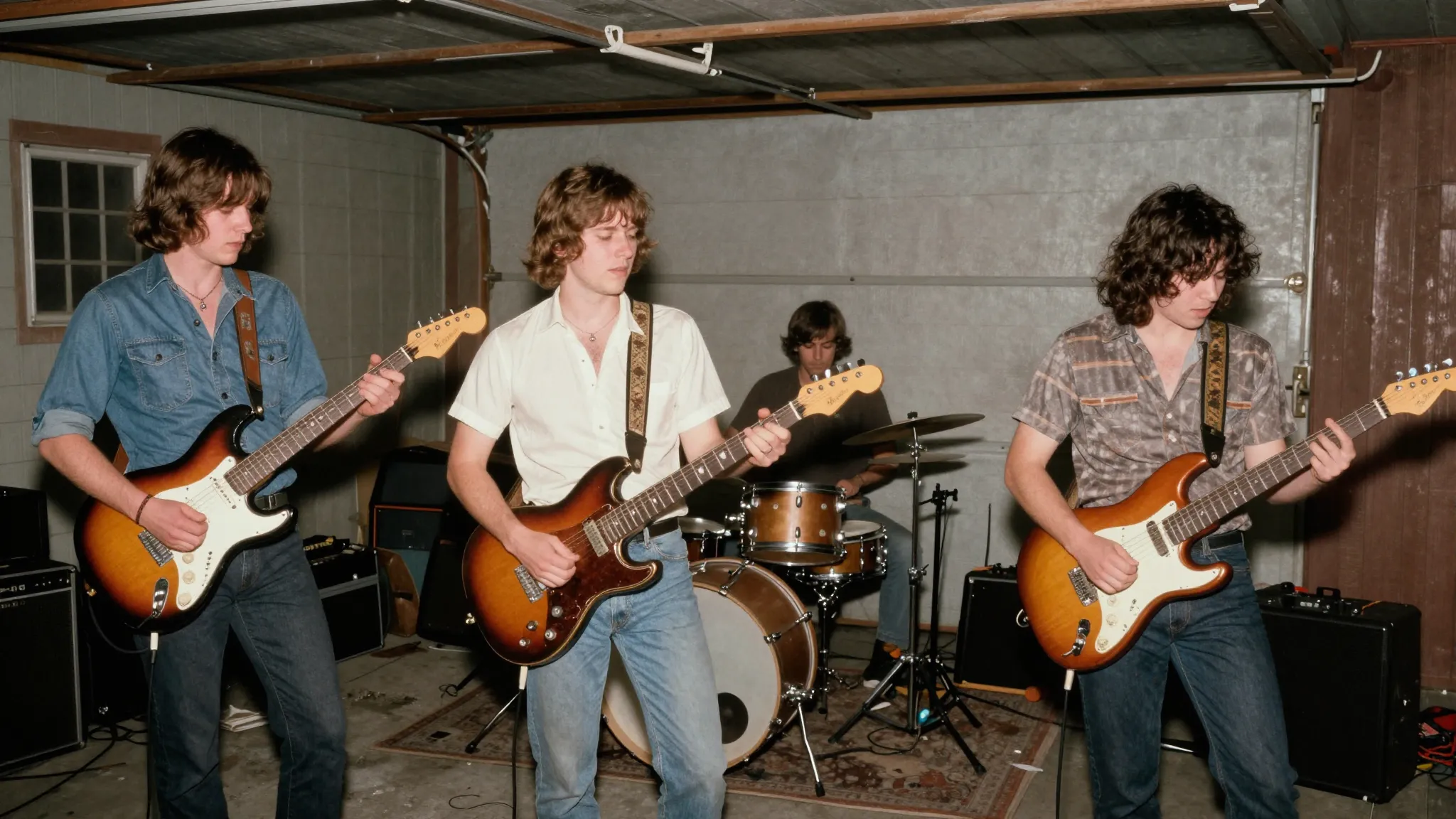 A raw, energetic garage rock band performing in a messy subu...