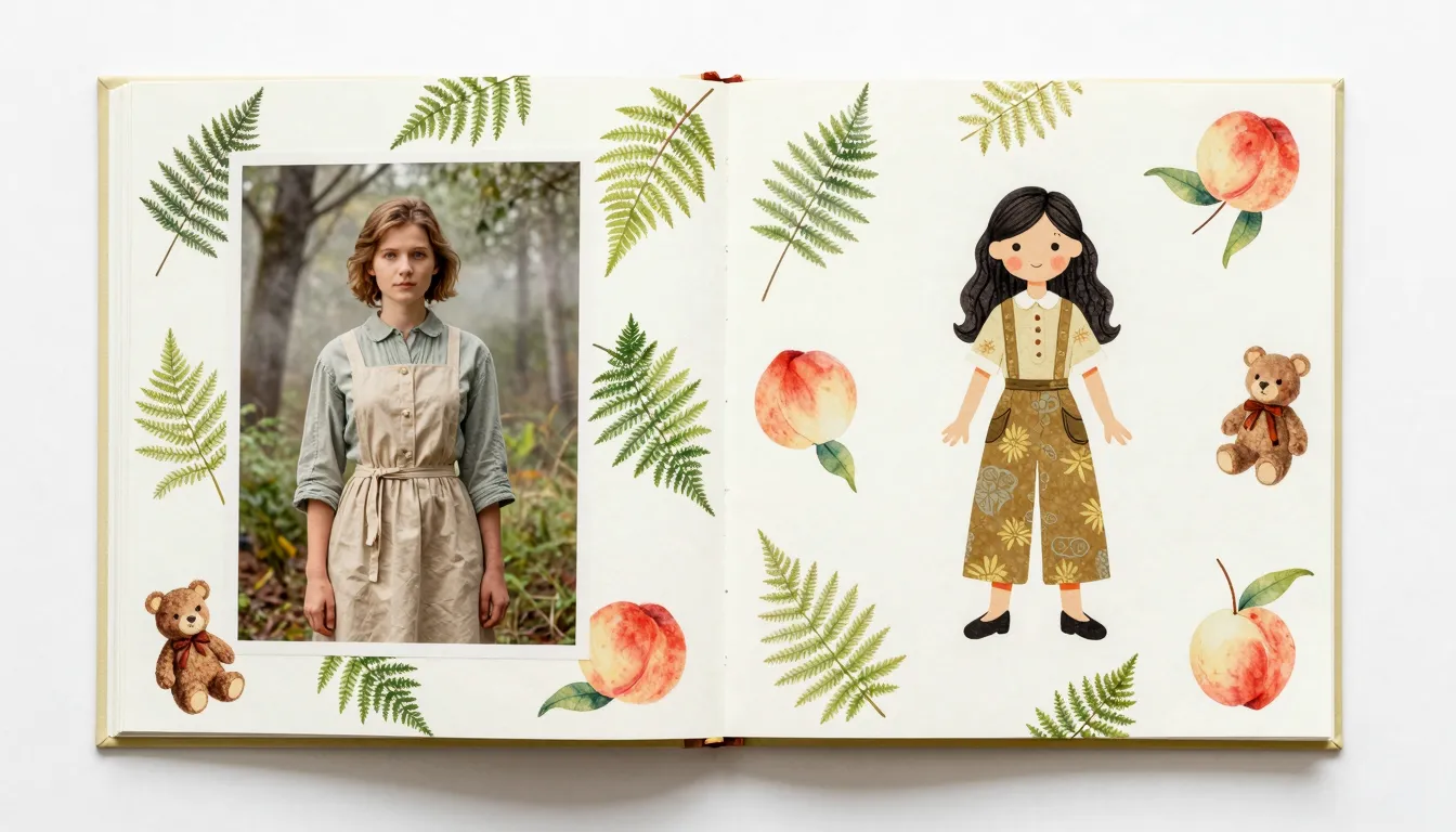 Book spread, endpaper pattern with watercolor ferns, ripe pe...