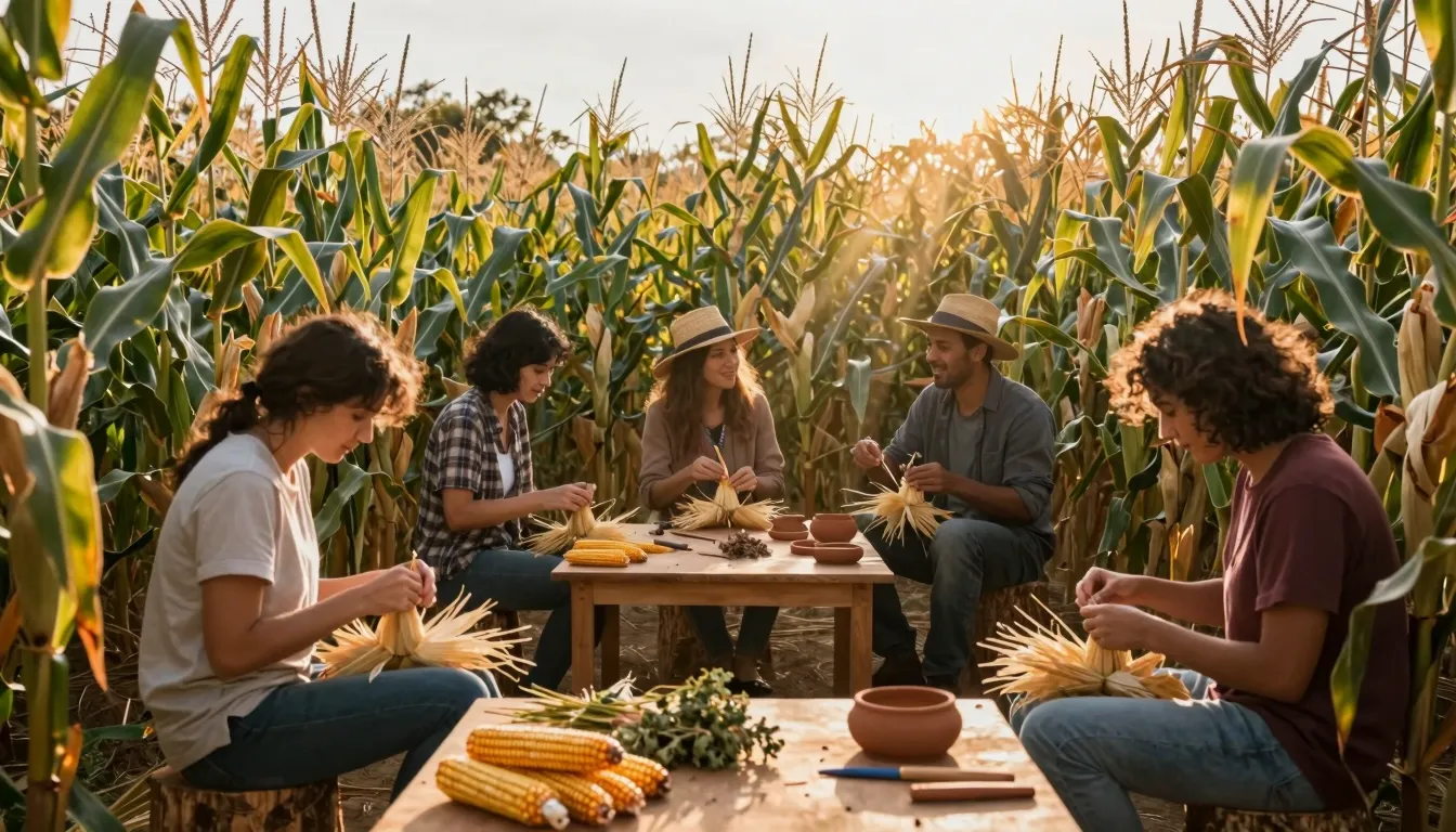 Cinematic wide angle shot, high corn stalks forming a maze, ...