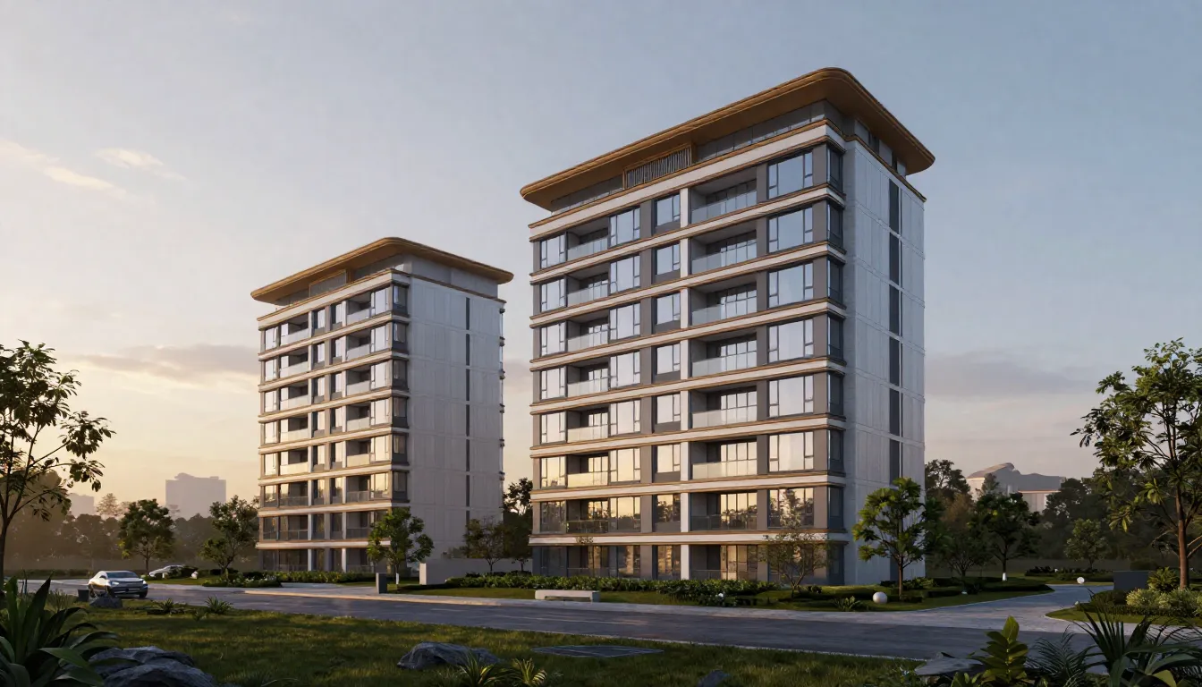 Modern residential complex at sunset, architectural visualiz...