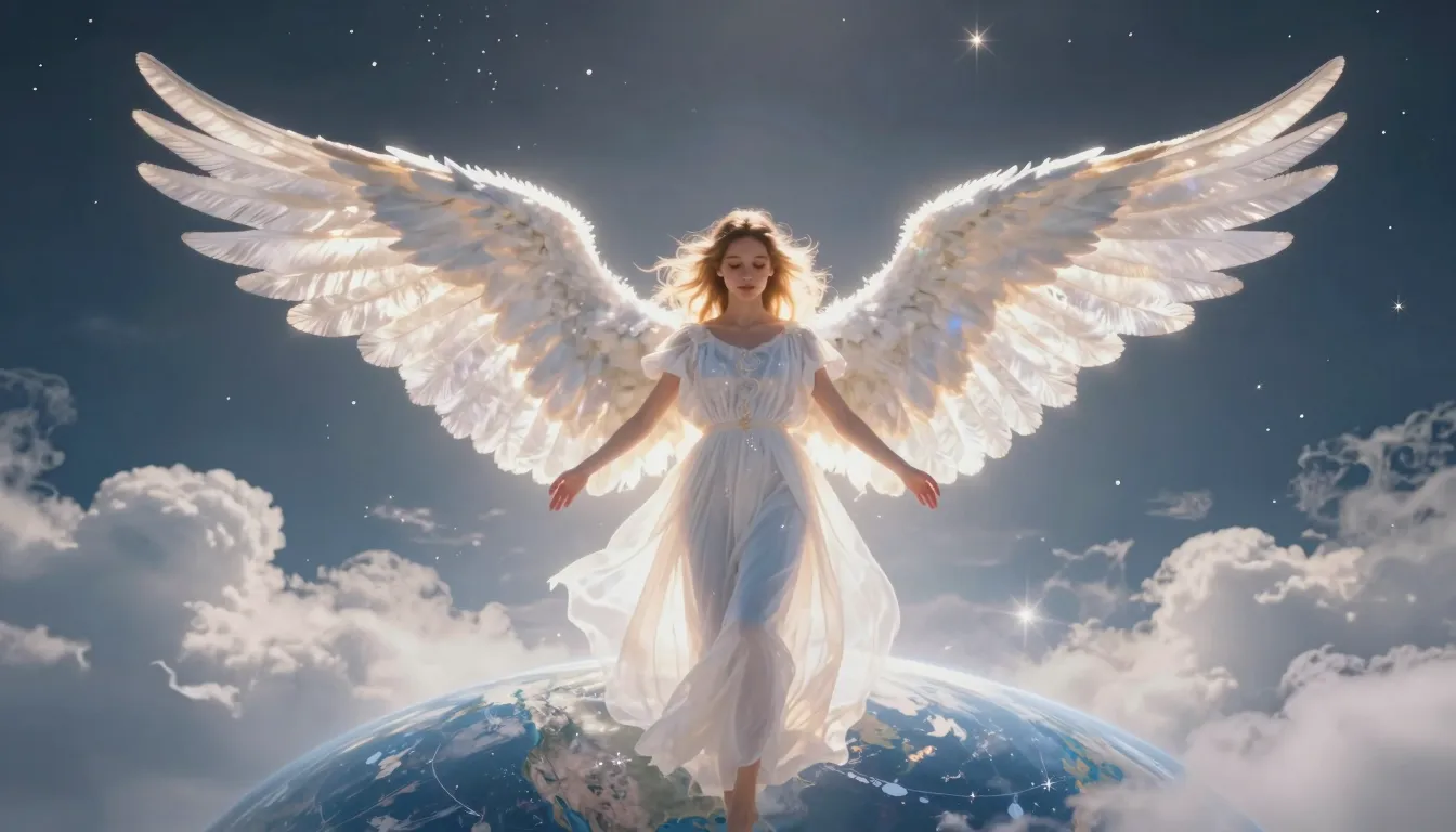 A beautiful angel with large luminous wings hovering above t...