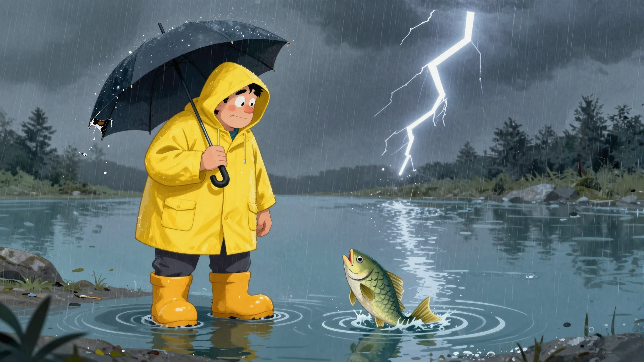 A funny cartoon man in bright yellow raincoat and oversized ...
