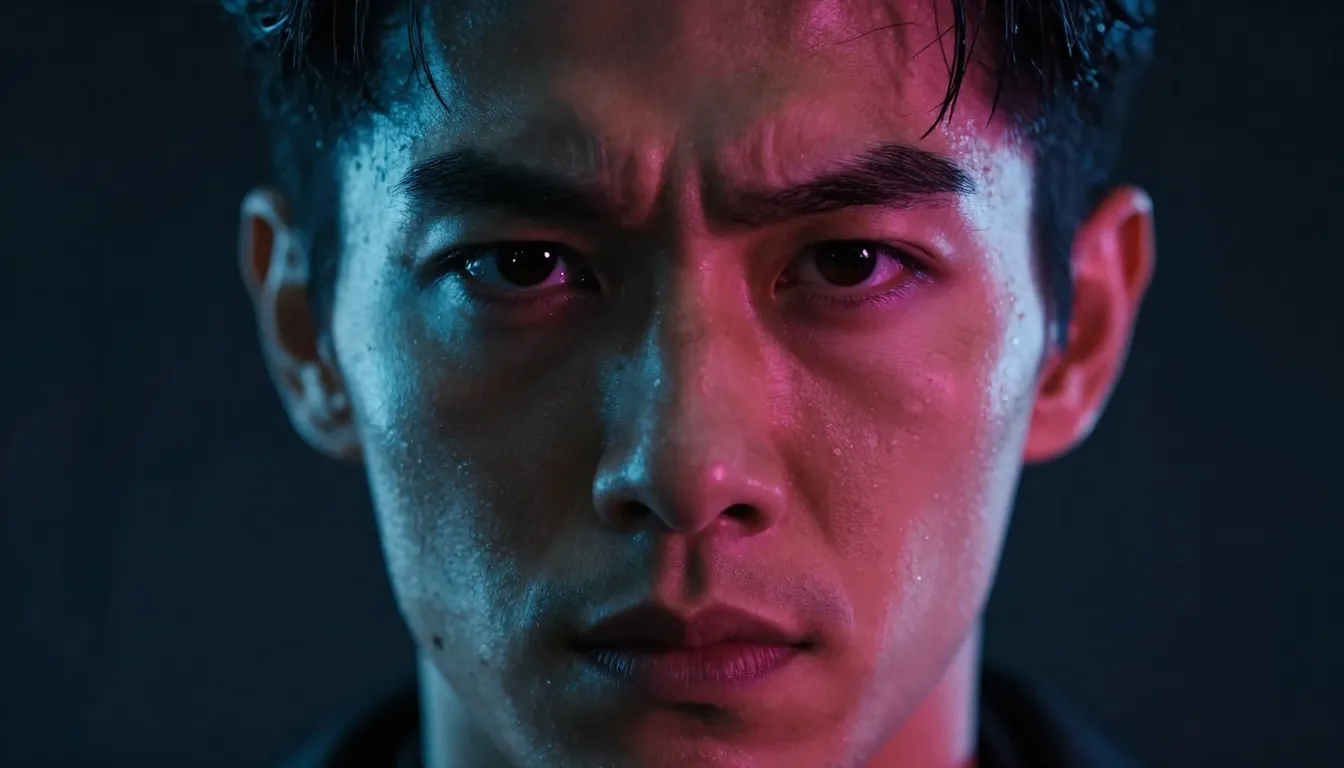 A close-up of a person's face with a determined look, neon l...