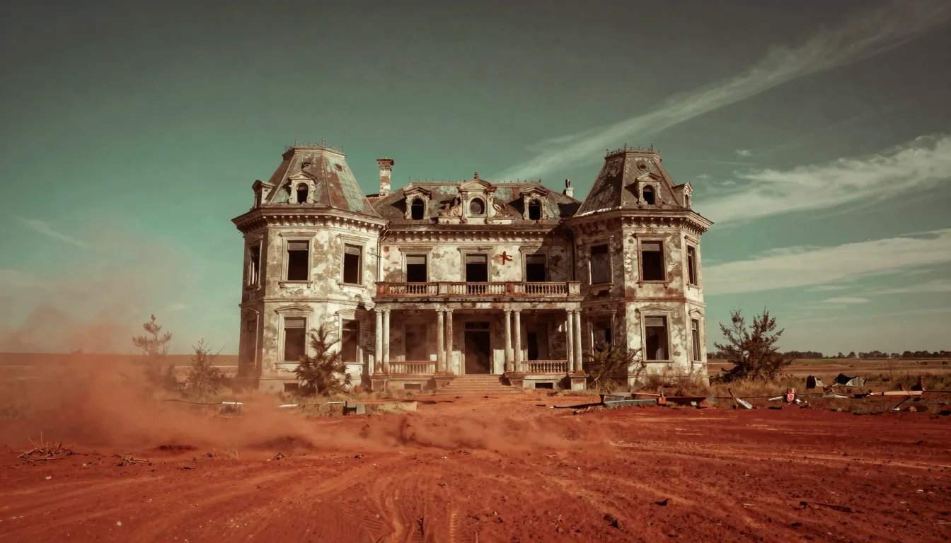 An abandoned grand mansion in the middle of a red dust field...