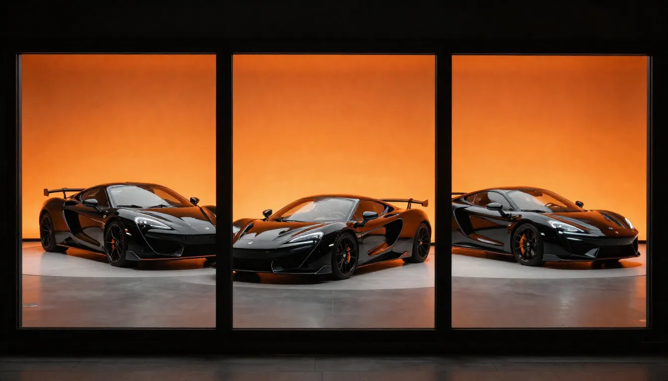 Left panel of a three-window display. Front view of a sleek ...