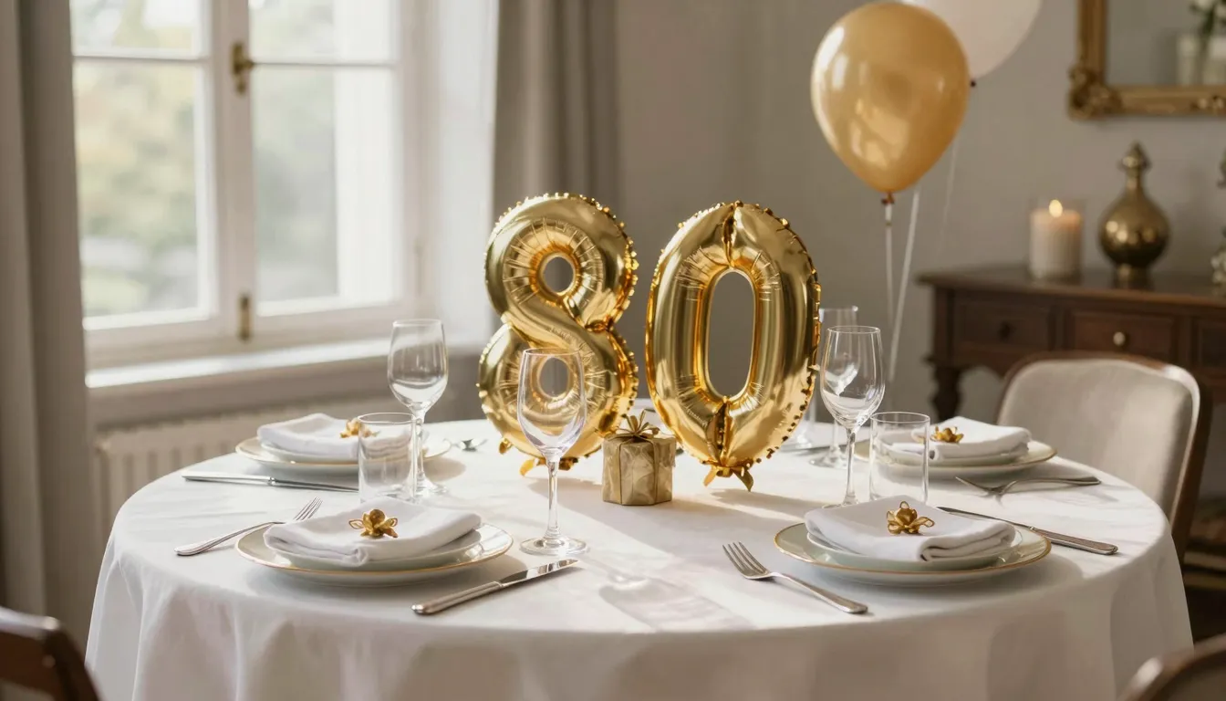A festive table setting for an 80th birthday, elegant white ...