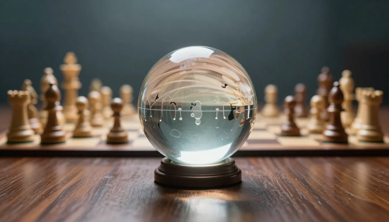 A crystal ball on a wooden table reflecting a chessboard whe...