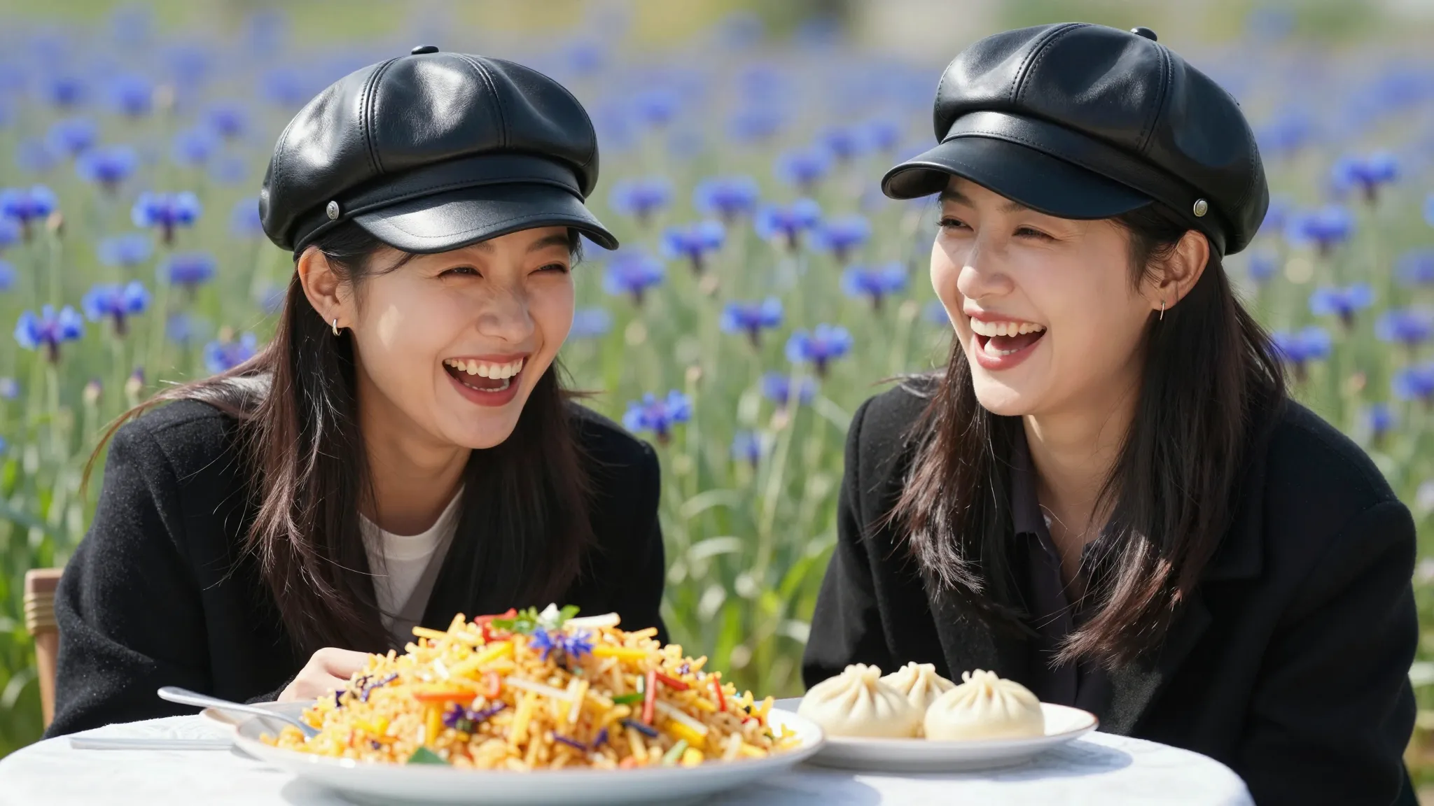 Two joyful Chinese women with wide happy smiles, laughing, s...
