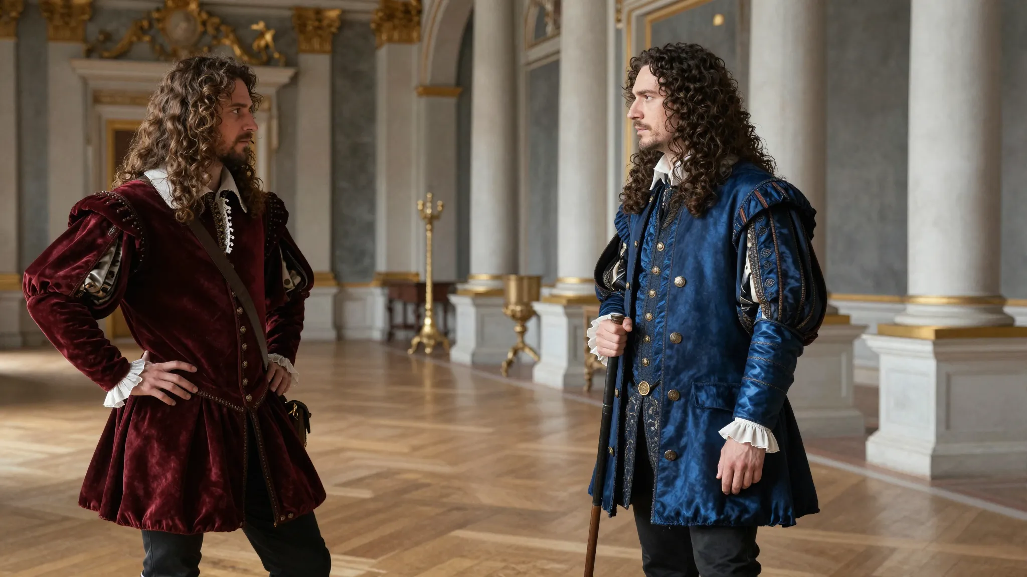 Two 16th-century French noblemen in a tense standoff in a la...