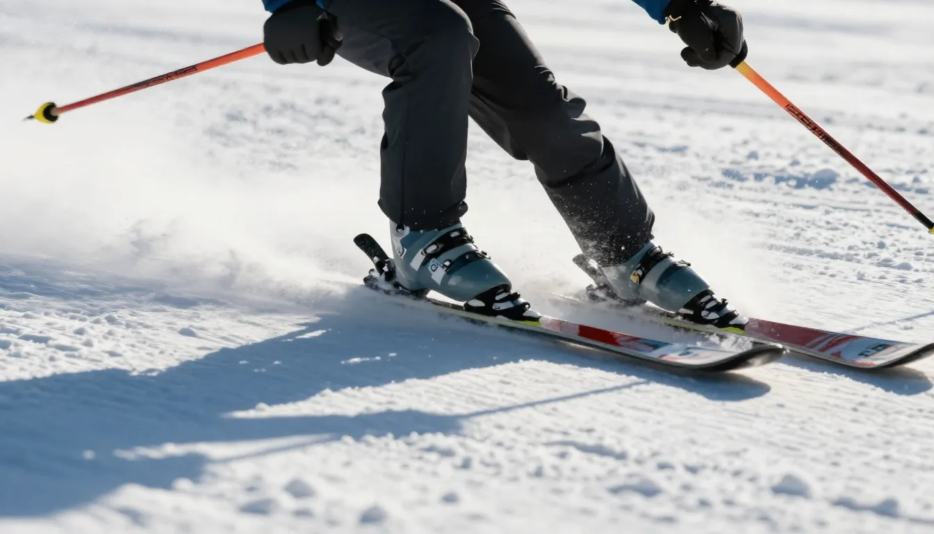 Close-up of a professional ski base gliding on perfectly gro...