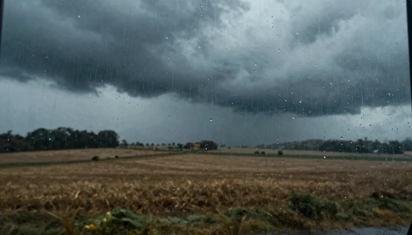 A view from a window of a rainy landscape, dark heavy clouds...