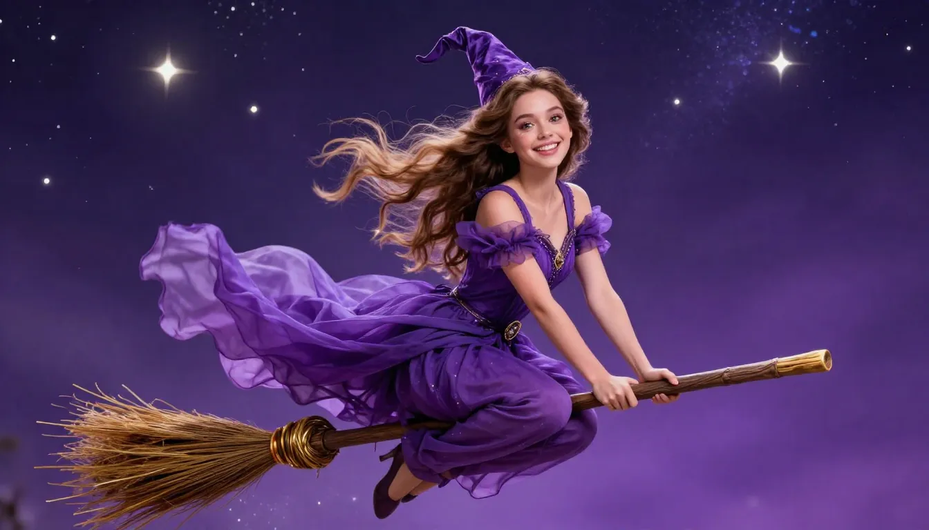 A beautiful, cheerful young witch with a bright smile and sp...