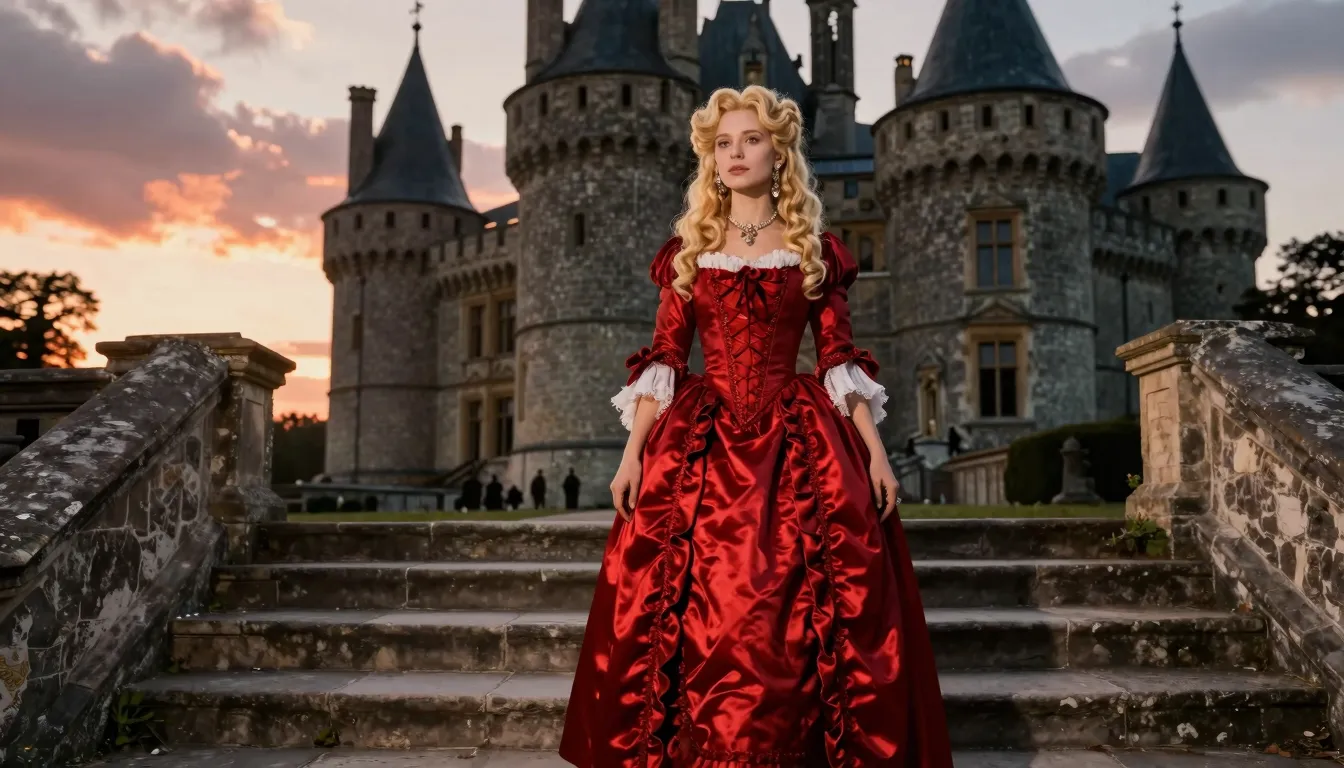 A stunning blonde French countess in a vibrant red 17th-cent...