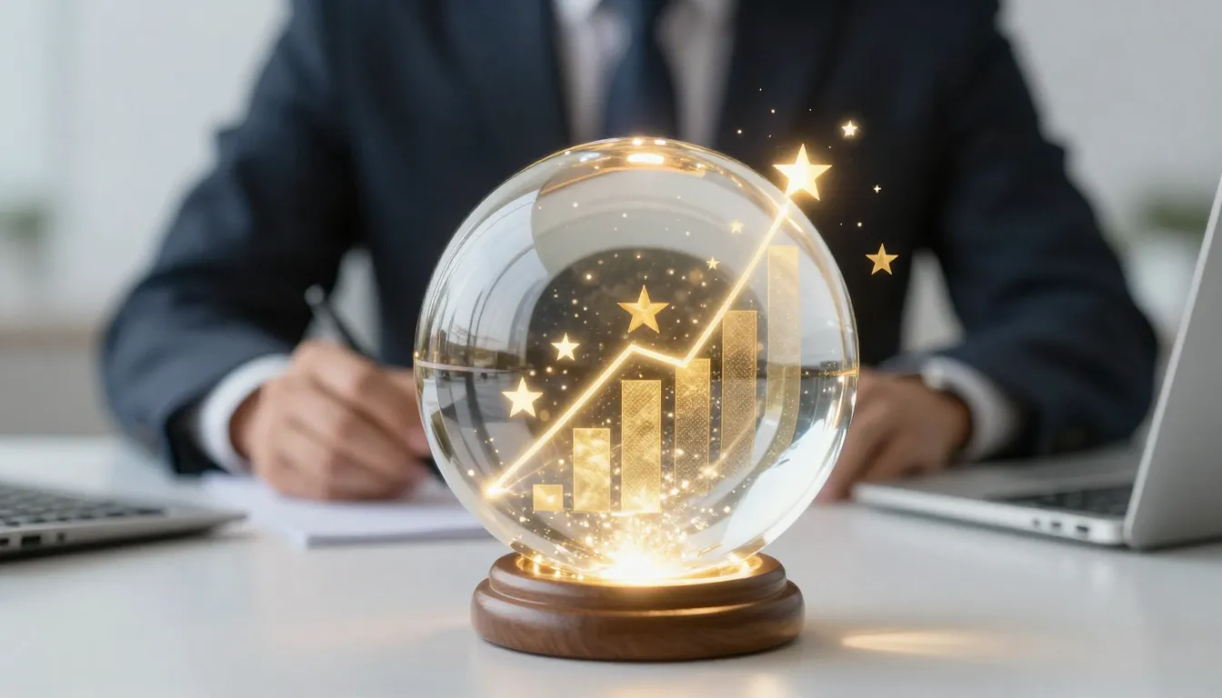 A glowing crystal ball showing a rising graph with golden st...