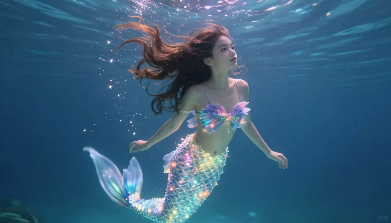 A beautiful girl transforming into a mermaid, magical sparkl...