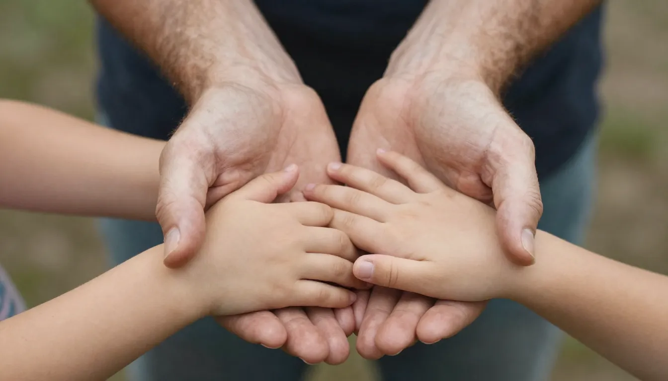 A close-up of a father's weathered hands holding the smaller...