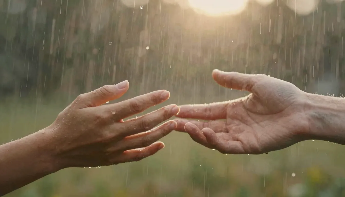 A close up of two hands reaching for each other through fall...