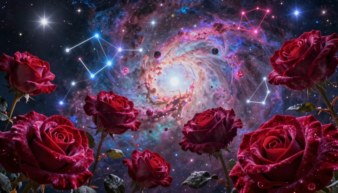 A breathtaking cosmic landscape where giant velvet roses blo...