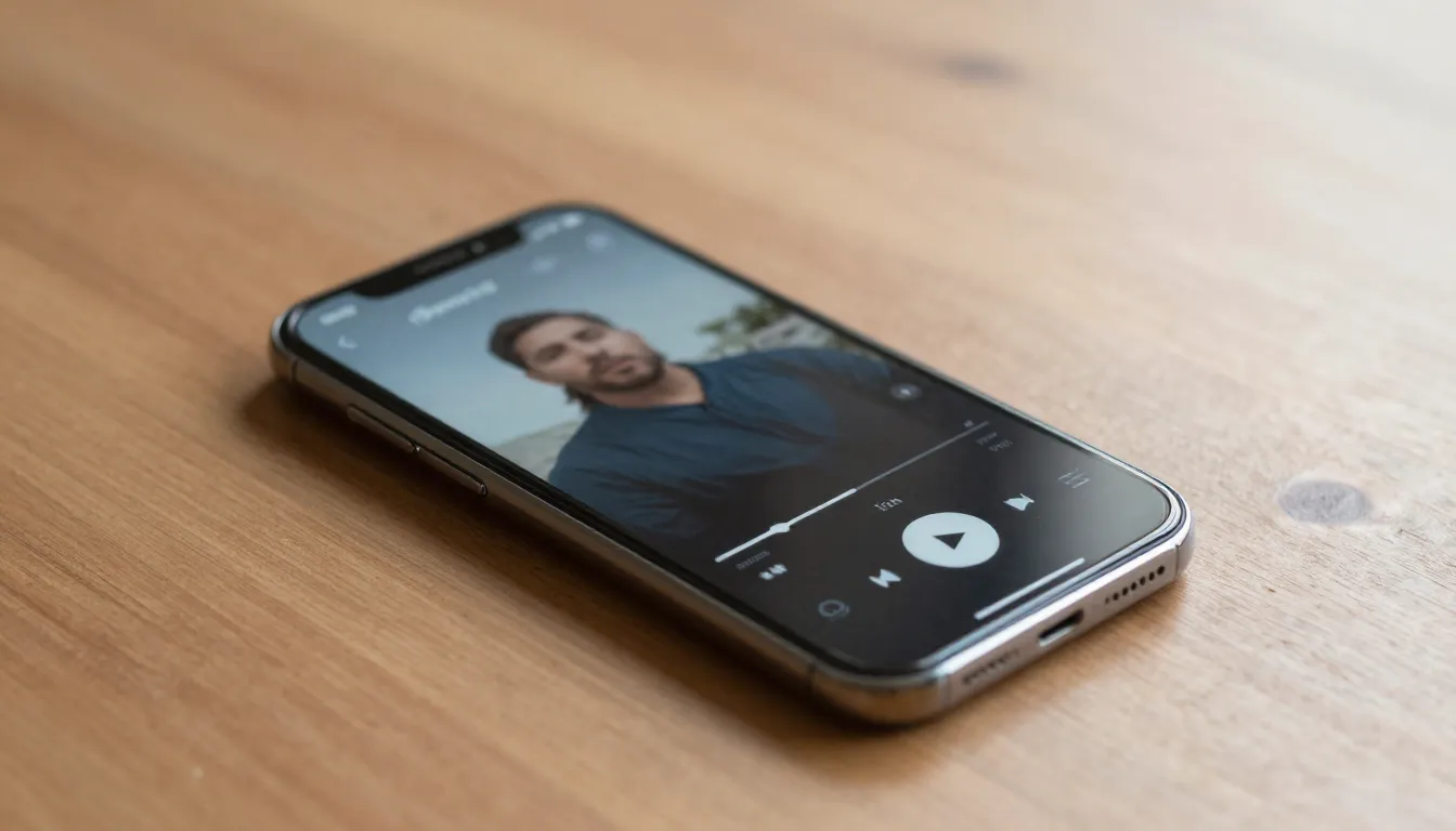 A modern smartphone on a wooden table showing a video player...