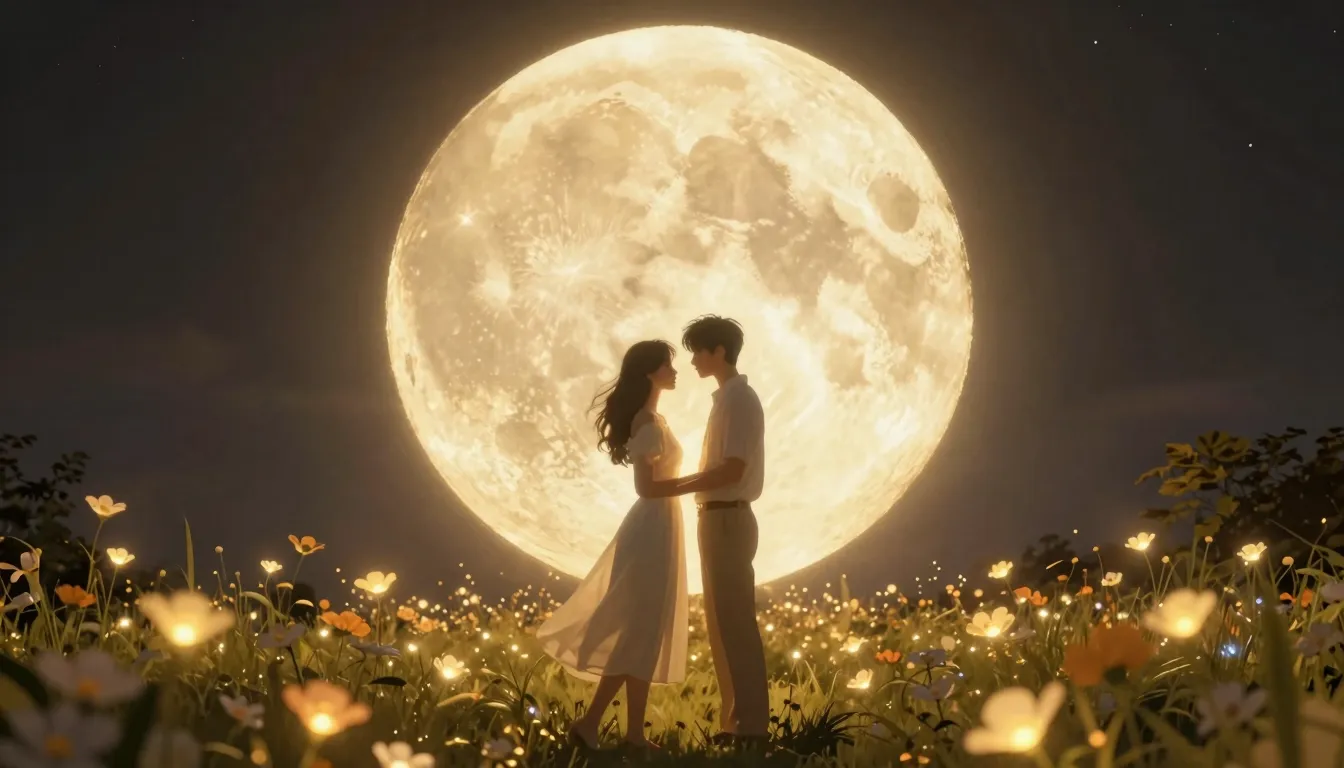 A romantic couple standing in a field of glowing flowers und...