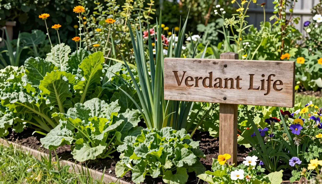 A beautiful lush garden with healthy vegetables and flowers,...
