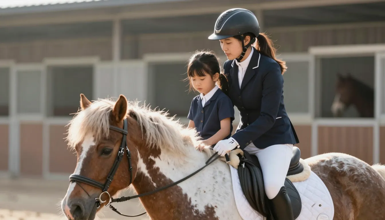 A professional equestrian trainer teaching a young girl how ...