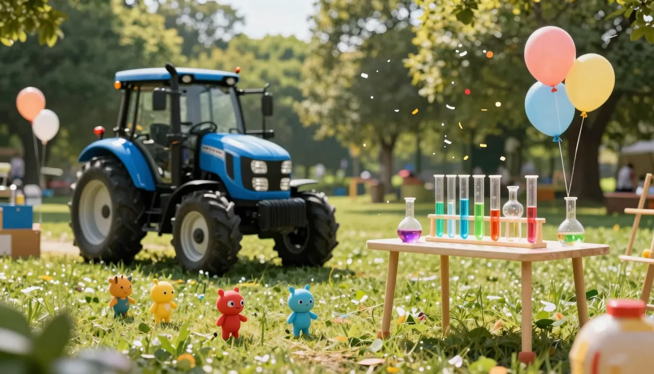 A festive outdoor scene in a park with a blue tractor, small...