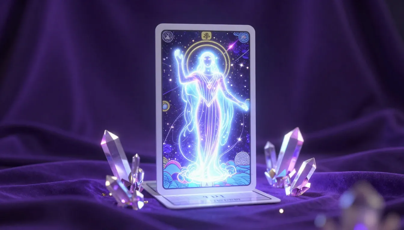 A 3D tarot card where a glowing mystical figure emerges from...