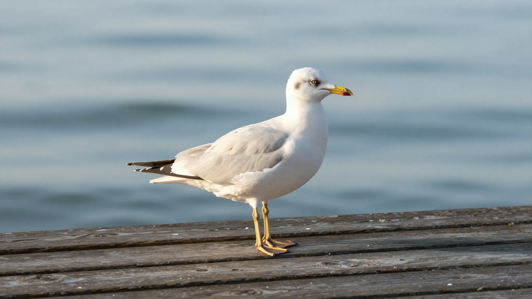 A graceful white seagull standing elegantly on a wooden pier...