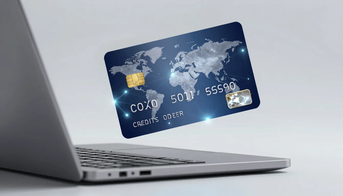 A credit card with a world map pattern, floating above a lap...
