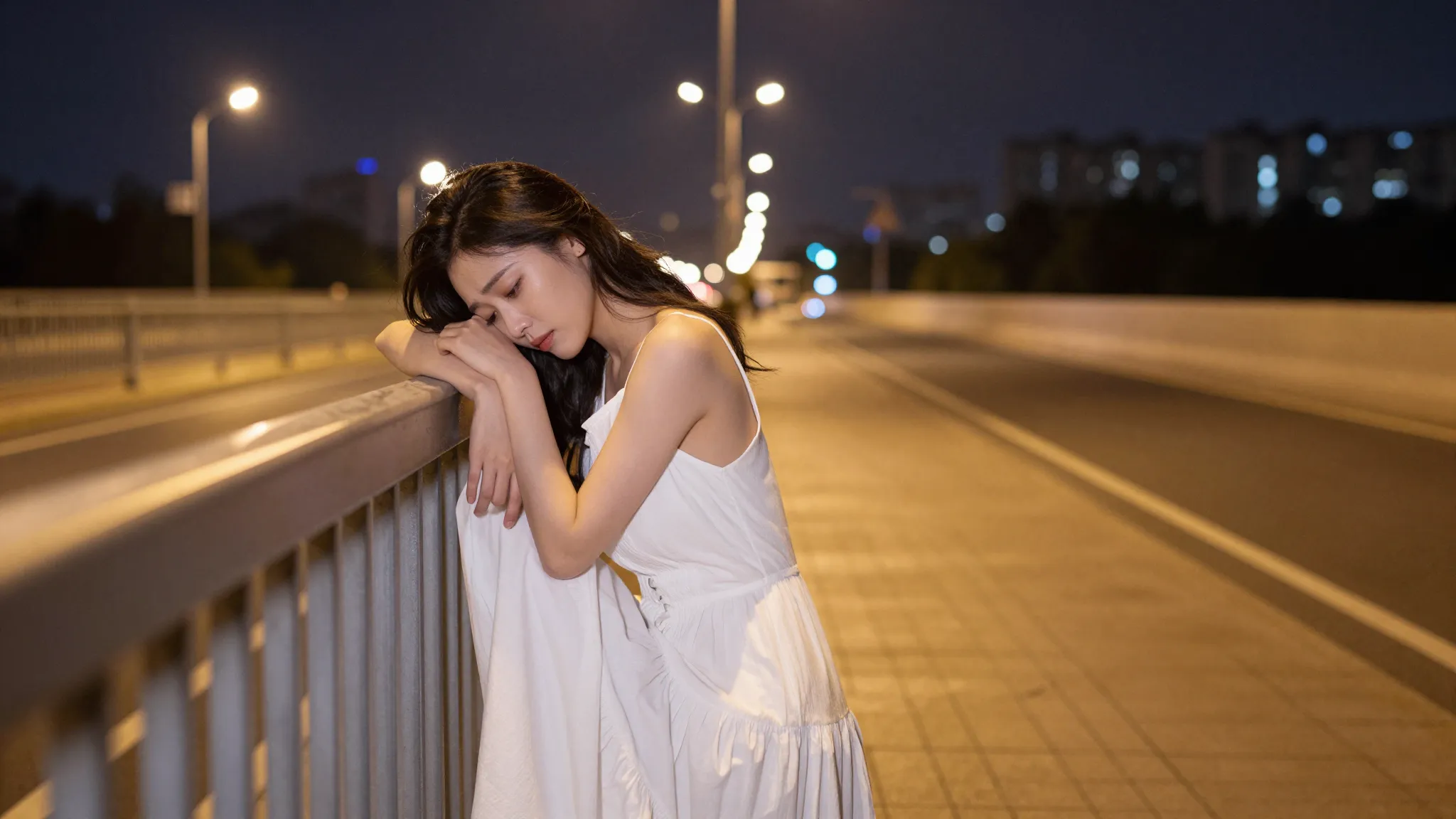 Side view of a heartbroken woman in a white dress leaning ag...