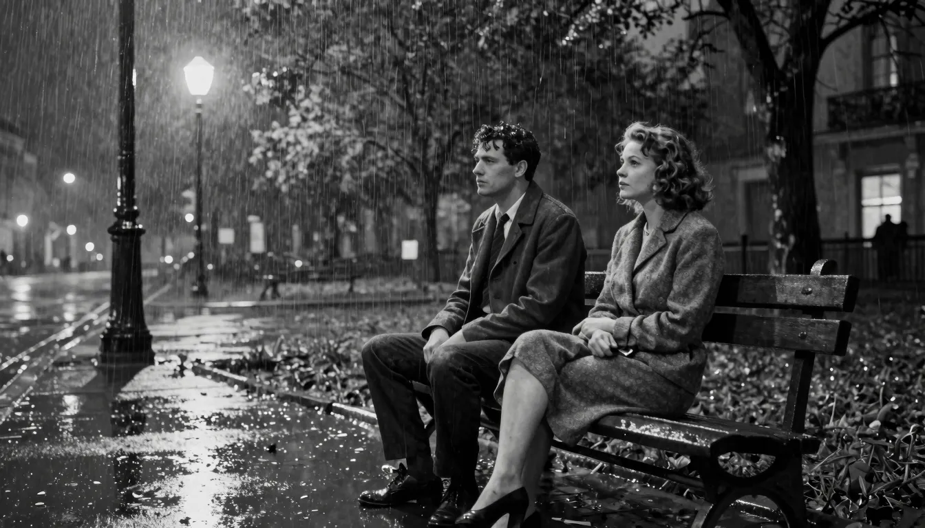 A cinematic black and white shot of a man and a woman sittin...