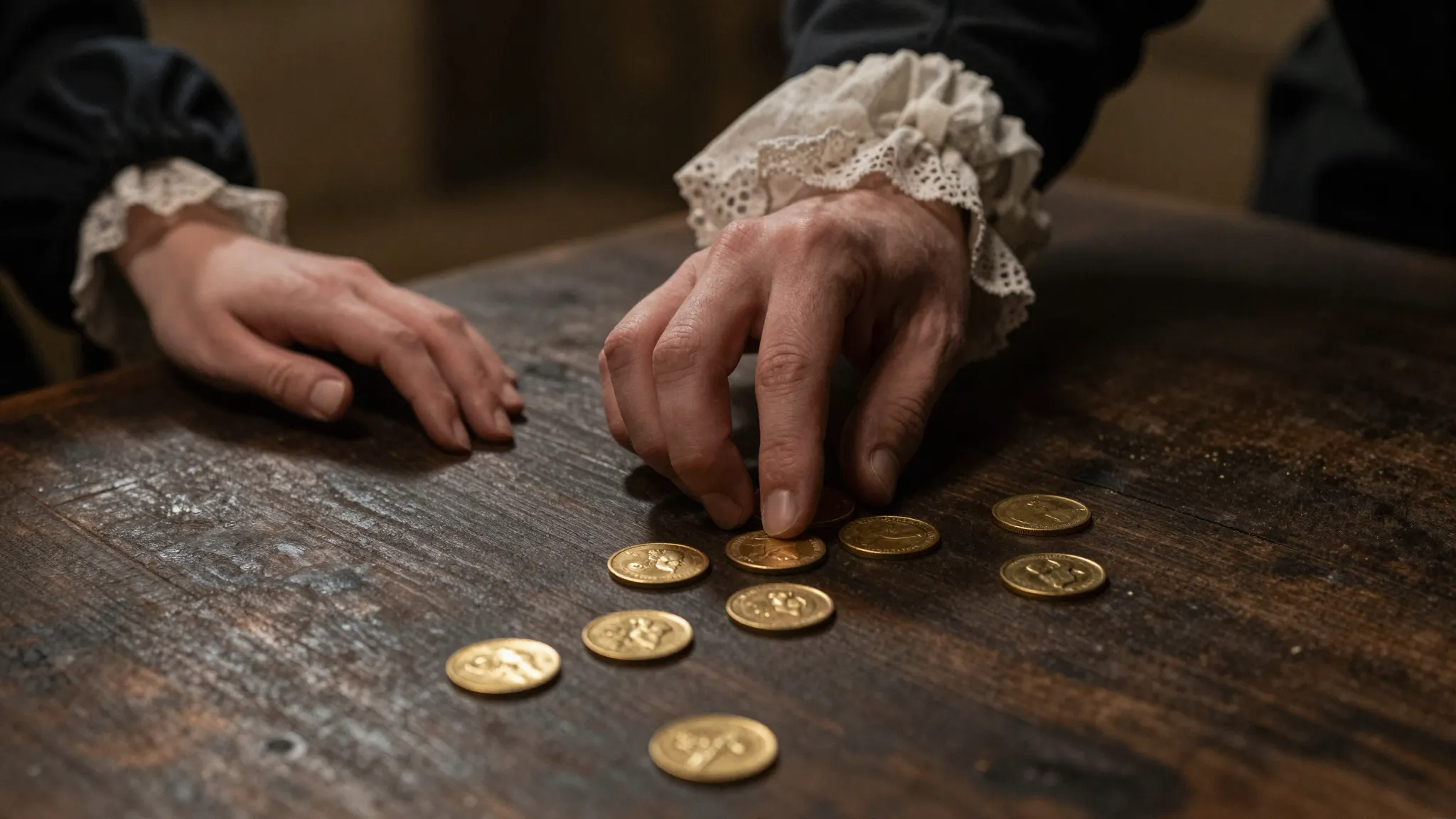 Close-up of several heavy gold coins scattered on a dark, ro...