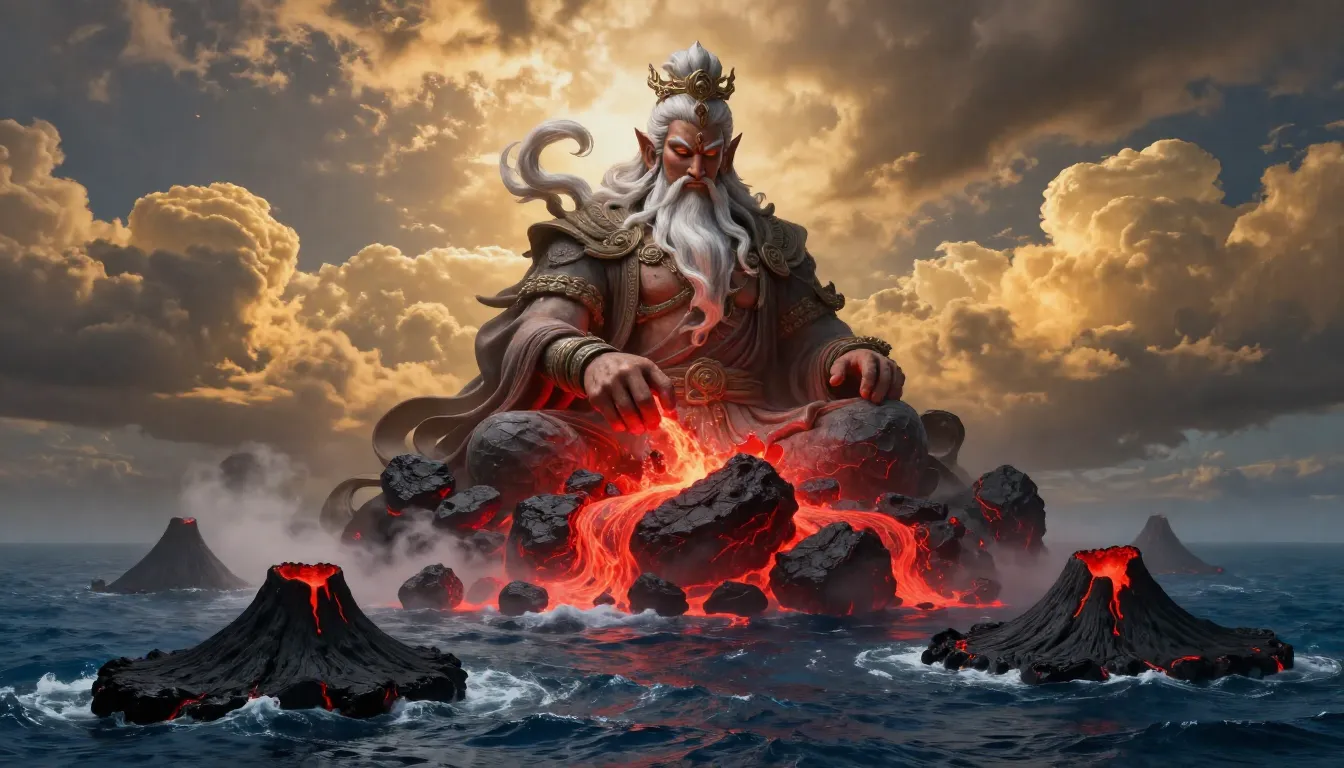 A majestic ancient giant deity with a long flowing white bea...