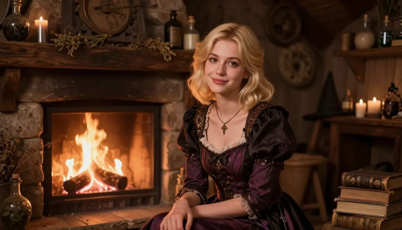 A beautiful, kind-faced young witch with bright, fair skin a...