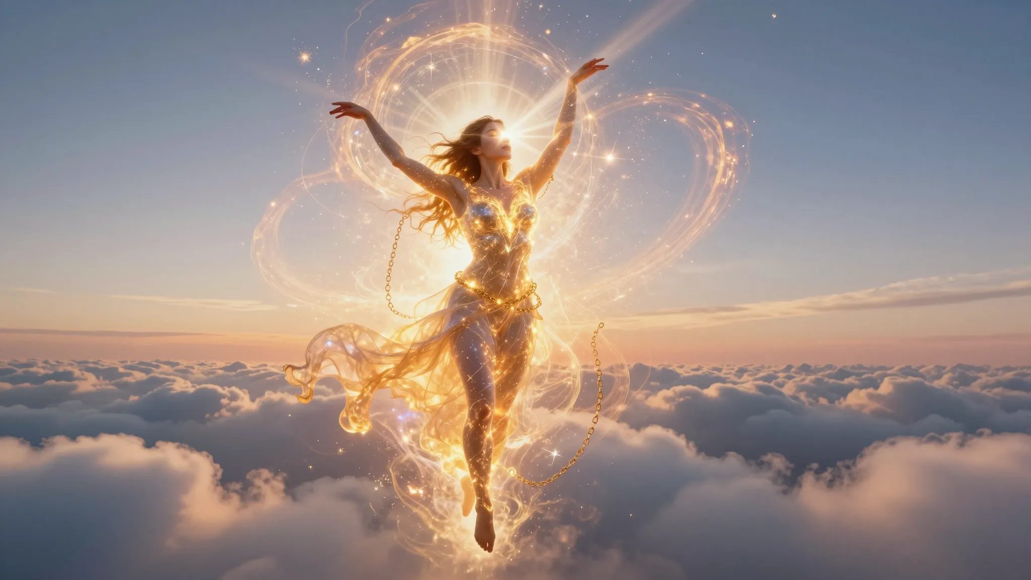A radiant female figure embodying the human soul, soaring hi...