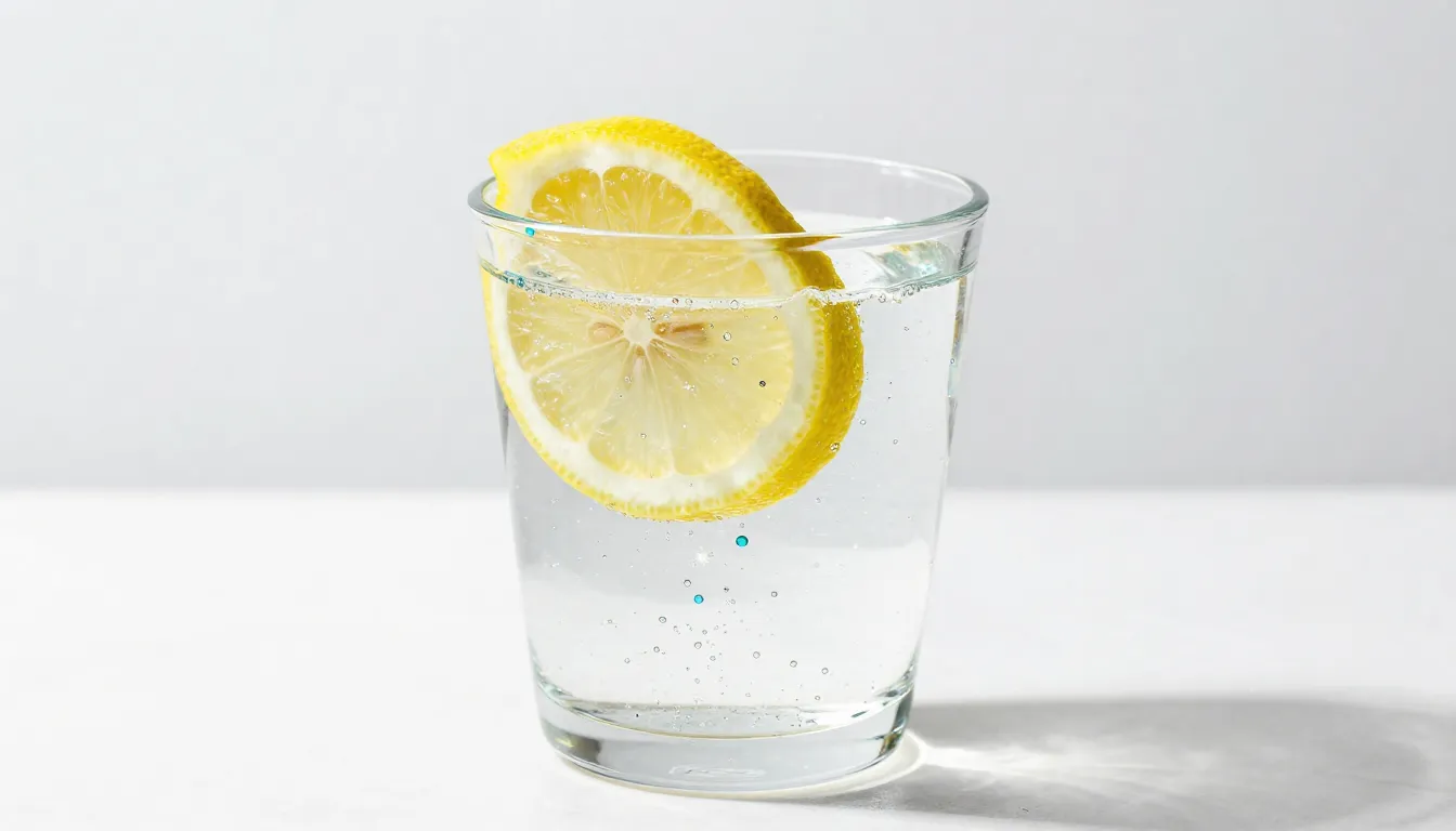 A glass of sparkling water with a lemon slice, magical blue ...