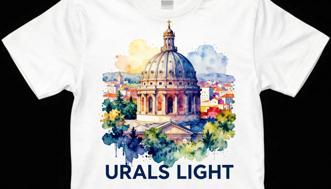 Watercolor collage for a t-shirt. A central image of a churc...