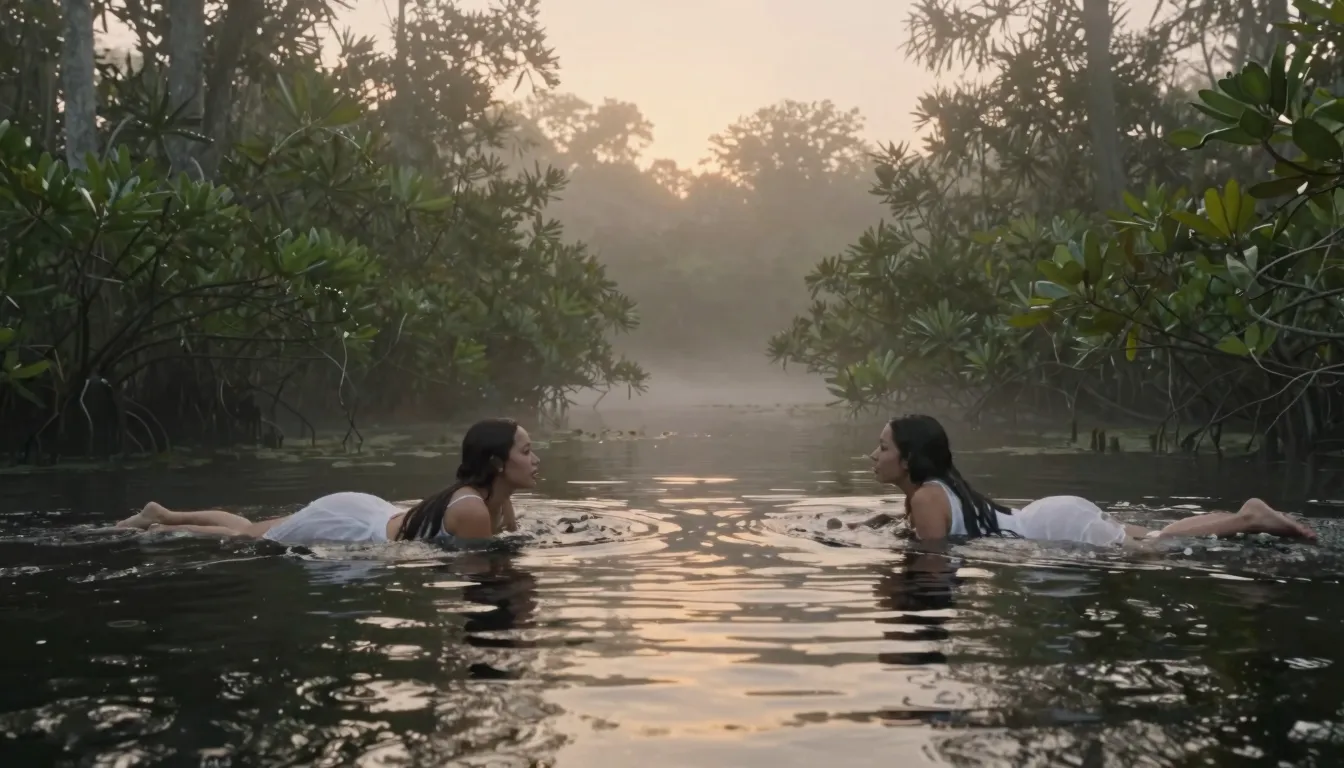 Ethereal scene, girls swimming in a swamp, white clothes, Ev...